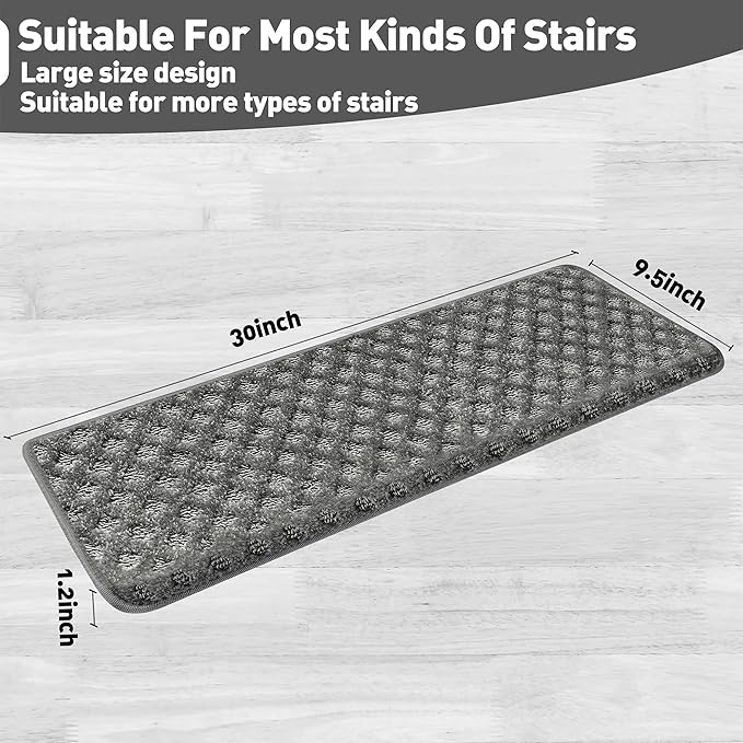 PURE ERA Bullnose Carpet Stair Treads Set Tape Free Non-Slip Indoor Stair Protectors Pet Friendly Rugs9.5" x 30"(2 Pieces,Grey Mini-Diamond Trellis)