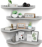4 Tier Floating Corner Shelves Grey Set of 4, Rustic Pine Wooden Floating Corner Wall Shelf for Wall Décor Storage, L Shaped Corner Shelf Wall Mount for Bedroom, Living Room, Bathroom, Kitchen.