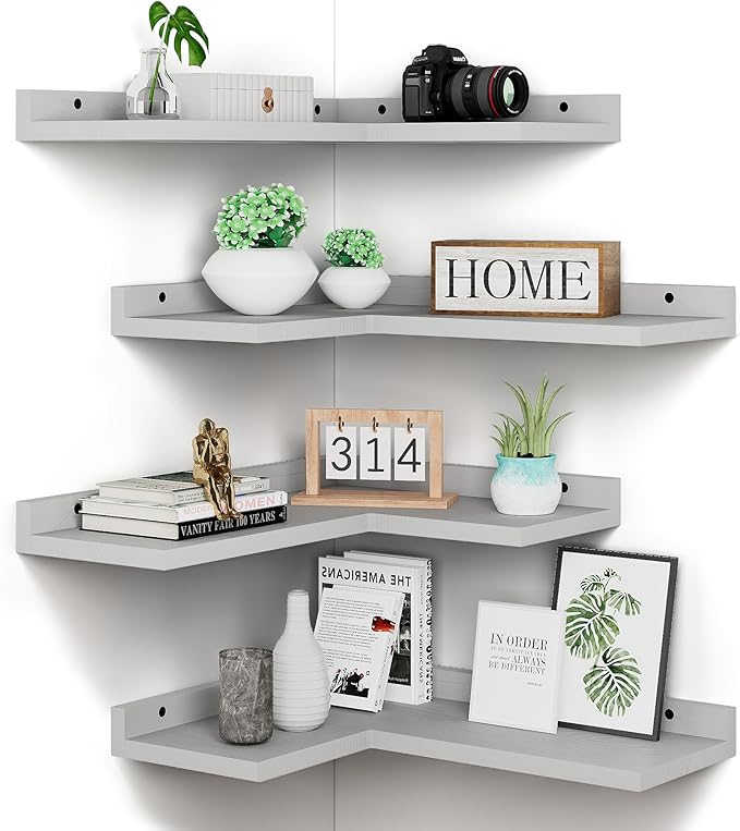 4 Tier Floating Corner Shelves Grey Set of 4, Rustic Pine Wooden Floating Corner Wall Shelf for Wall Décor Storage, L Shaped Corner Shelf Wall Mount for Bedroom, Living Room, Bathroom, Kitchen.