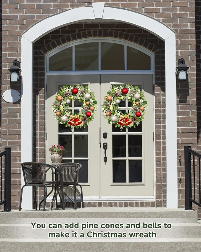 Vlorart 24-26 Inch Artificial Spring Summer Greenery Christmas Wreaths for Front Door Green Eucalyptus Leaf Wreath Decor Boxwood with Big Berries for Farmhouse Outside Year Round