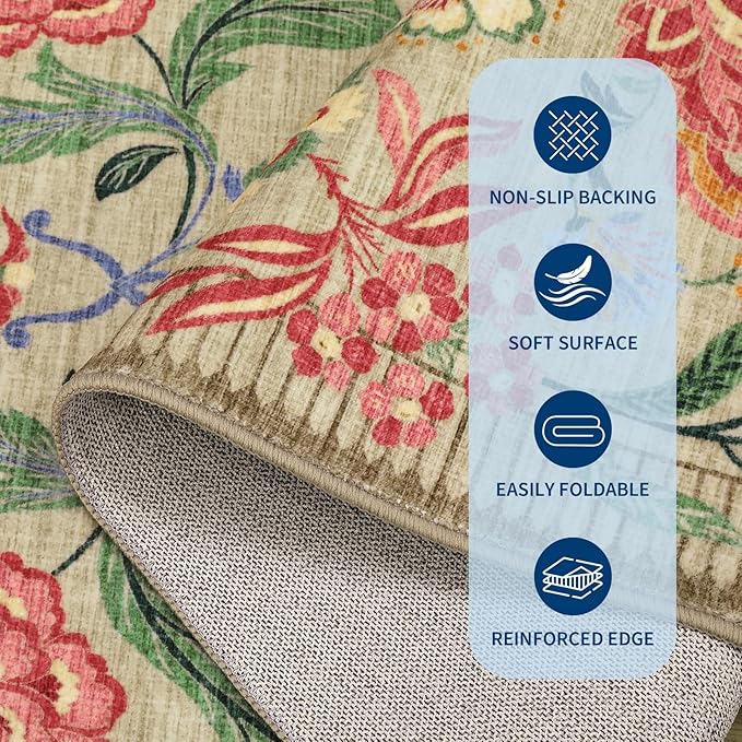 GarveeHome Camel Pink Floral 2x3 Door Mat Indoor Rugs for Entryway Small Taupe Brown Vintage Boho Cottage Washable Non-Slip Low-Pile Rug for Bedroom Kitchen Bathroom Entrance