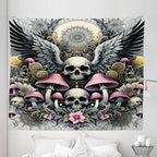Ambesonne Gothic Tapestry King Size, Blushy Mushrooms and Wingy Skull with Lace and Cactus Flowers Art Boho, Wall Hanging Bedspread Bed Cover Wall Decor, 104" X 88", Pink Grey Yellow Mustard