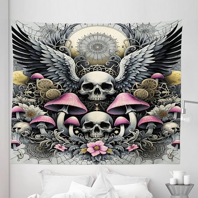 Ambesonne Gothic Tapestry King Size, Blushy Mushrooms and Wingy Skull with Lace and Cactus Flowers Art Boho, Wall Hanging Bedspread Bed Cover Wall Decor, 104" X 88", Pink Grey Yellow Mustard