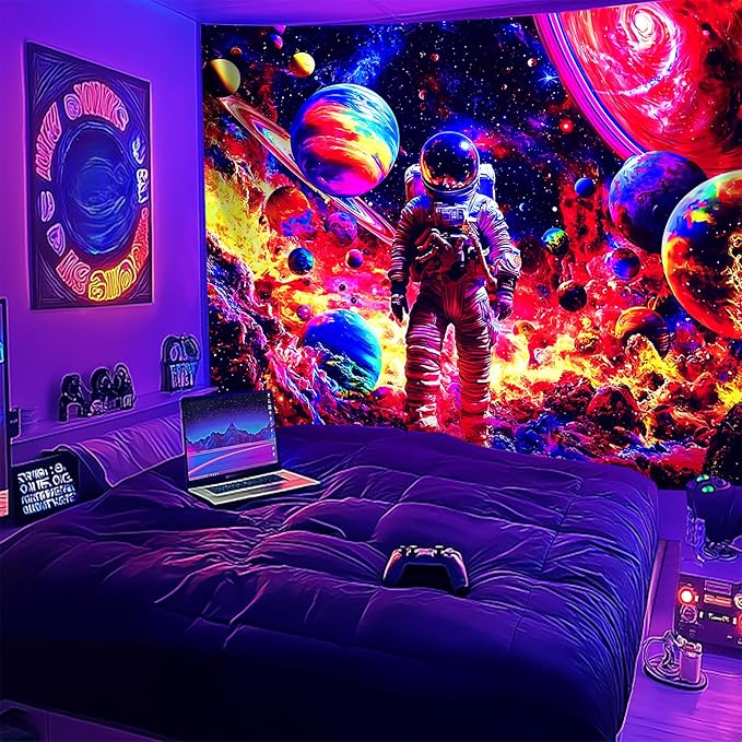 NYZE Astronaut Space Tapestry for Bedroom, Glow in the Dark Room Decor Wall Tapestries, Cool Galaxy Planet Wall Hanging, Wall Hanging for Men Guys Gamer Room Dorm Living Room 90in×70in