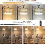 Arc Floor Lamp with Table and Shelves,Rattan Boho Floor Lamp with Remote Control,Rustic Floor Lamps for Bedroom Wicker Standing Lamp with 3 Color Temperature Tall Lamp for Living Room Corner
