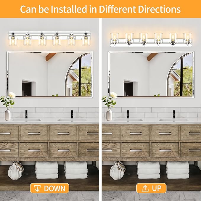 6 Light Modern Bathroom Light Fixtures Over Mirror, Chrome Vanity Lights for Bathroom Wall Sconces with Clear Glass Shades, E26 Socket (Bulbs Not Included)