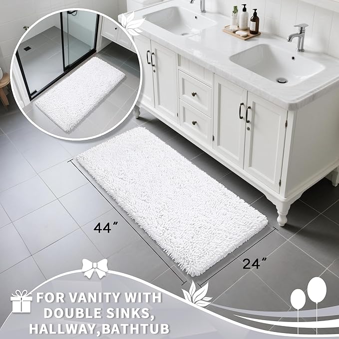 Yimobra Long Bathroom Rug Non Slip 44x24 Inch, Extra Thick Soft Absorbent Chenille Bath Mat, Machine Washable Quick Dry Bath Rugs for Bathroom Floor, Tub and Shower, Home Decor Accessories, White