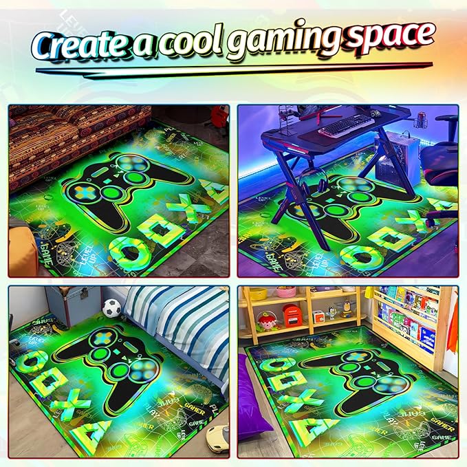 3'x5' Gaming Rug for Boys Room - Colorful 3D Printed Gamer Rug Gaming Decor for Boys Bedroom Green Gaming Area Rug Gaming Room Floor Mat Video Game Area Carpet for Kids Room & Dorm