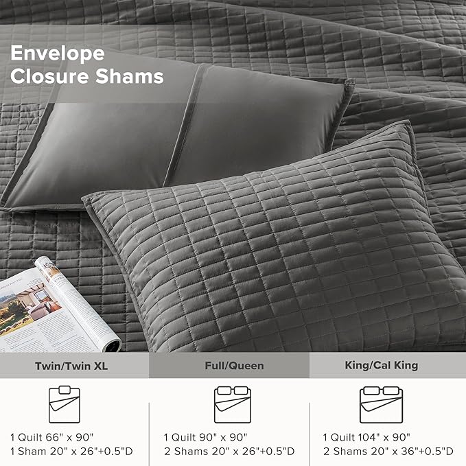 Comfort Spaces Kienna Quilt Set- Double Sided Stitching Design Summer Blanket, Lightweight, Soft, All Season Bedding Layer, Matching Sham, Charcoal, Coverlet Full/Queen(90"x90") 3 Piece