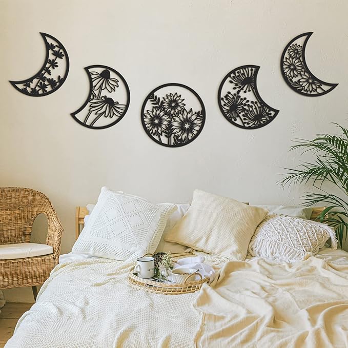 Jetec 5 Pcs Moon Phase Wall Art Decor Wall Pediments Hanging Wooden Phase Spiritual Bedroom Nordic Boho Lunar Aesthetic Art for Living Room Dorm Apartment Ornament (Black,10.6 Inch,Flower)