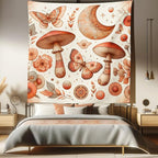 Ambesonne Mandala Tapestry Queen Size, Medieval Witchcore Art Mushroom Butterfly and Crescent with Leafy Details, Wall Hanging Bedspread Bed Cover Wall Decor, 88" X 88", Dark Salmon Eggshell