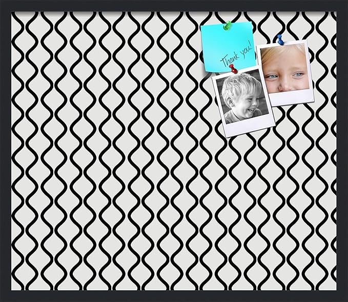 PinPix 28x24 Inch Cork Bulletin Board. This Decorative Framed Pin Board Comes with Black and White Waves Design and a Satin Black Frame. Ideal for Home Office Decor or Message Board (PinPix-194)
