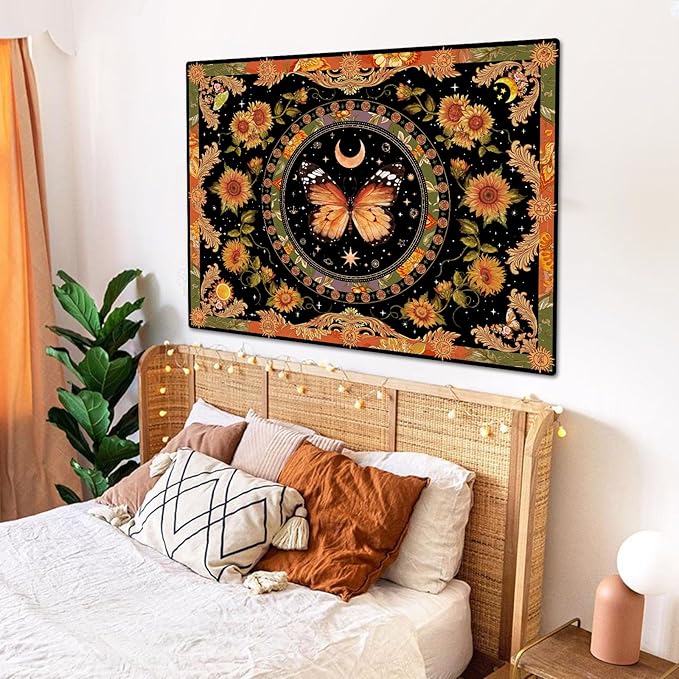 Accnicc Butterfly Floral Tapestry Vintage Indie Boho Flower Tapestries for Bedroom Aesthetic Retro Yellow Sunflower Moth Tapestry Wall Hanging for Dorm Living Room (60'' × 44'')