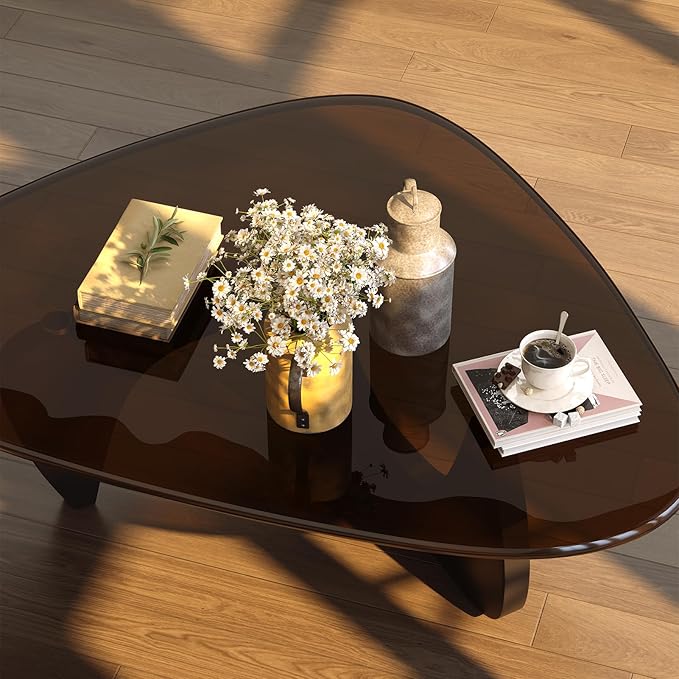 Coffee Table for Living Room Mid Century Modern Center Small Table with Glass Top and Wood, Black Brown