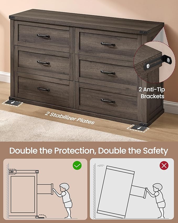 VASAGLE LIRY Collection - 6-Drawer Dresser for Bedroom, 54-Inch Wide Modern Farmhouse Chest of Drawers with Metal Handles, TV Stand, for Living Room, Entryway, Anti-Tipping, Taupe Brown ULTS661TA01S