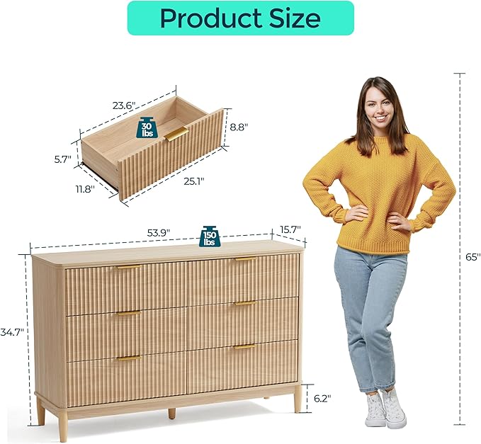 LINSY Fluted Dresser for Bedroom with 6 Drawers, Mid Century Modern Chest of Drawers with Gold Metal Handles, Wide Boho Wood Dressers, Large Farmhouse Storage Cabinet for Bedroom, Living Room, Oak