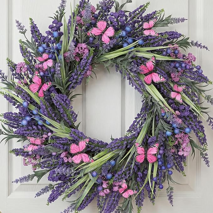 Lavender Wreaths for Front Door 24 Inch Spring Summer Wreath with Lavender,Berries, Butterflies,for Year-Round Use Indoors and Outdoors as Wall, Door, Window, Party and Wedding Decorations