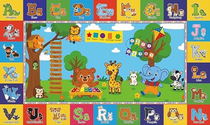 Upgrade Ultra Non Slip Kids ABC Rug for Kids Playroom – 3x5 Washable Alphabet Educational Learning Play Mat for Toddlers Baby, Colorful Carpet with Animals for Nursery, Classroom & Bedroom, 36"x60"
