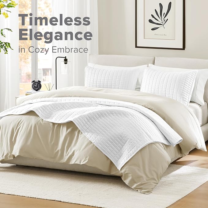 Comfort Spaces Kienna Quilt Set- Double Sided Stitching Design Summer Blanket, Lightweight, Soft, All Season Bedding Layer, Matching Sham, White, Coverlet Full/Queen(90"x90") 3 Piece