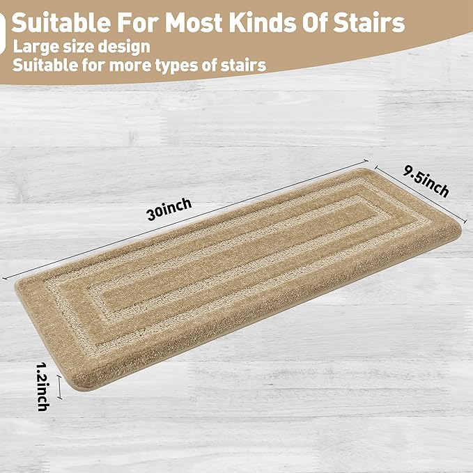 PURE ERA Bullnose Carpet Stair Treads Set Tape Free Non-Slip Indoor Stair Protectors Pet Friendly Rugs 9.5" x 30"(7 Pieces,Khaki Rectangular)
