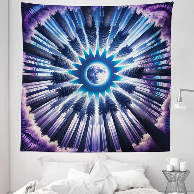 Ambesonne Trippy Tapestry Queen Size, Indigo Tones Outer Space Featuring Moon with Psychedelic Abstract Woods, Wall Hanging Bedspread Bed Cover Wall Decor, 88" X 88", Pale Fuchsia Sea Blue