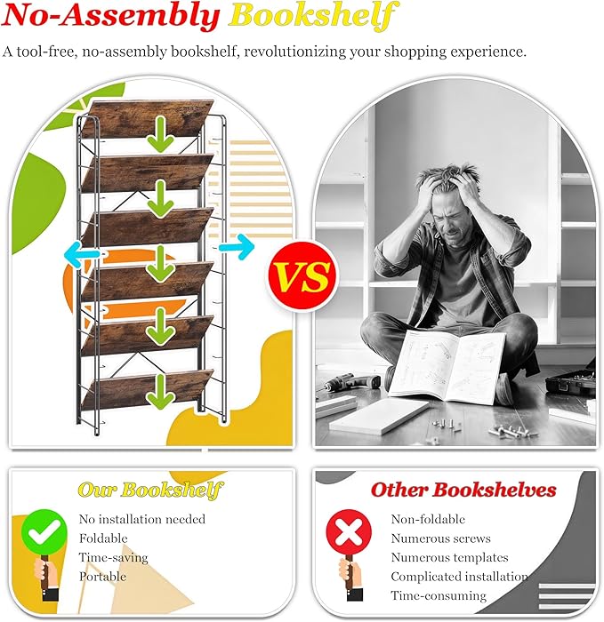 UDD Folding Bookshelf No Assembly, 65"H x 23.7"W, 6 Shelf Foldable Bookcase Industrial Collapsible Bookshelves, Open Storage Book Shelves for Small Spaces Home Office Living Room, Rustic Brown Black