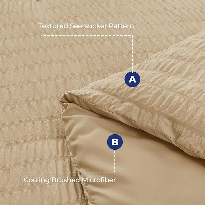 HYMOKEGE Khaki Queen Comforter Set Seersucker 7 Pieces, All Season Luxury Bed in a Bag Queen for Bedroom, Bedding Set with Comforter, Sheets, Pillowcases & Shams