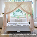 AIKASY Elegant Lace Princess 4-Poster Bed Canopy Mosquito Net - Romantic Wedding Bridal Bedroom Decor, Kids Room Bed Curtain for Women Adults - (Cream-1,King)