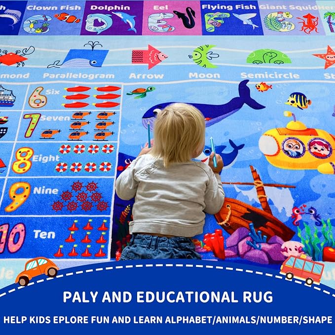 ABC Kids Rug for Playroom 59"×78.7" Ocean Rug Baby Play Mat Alphabet Mat Sea Animal Number Shape Classroom Kids Playroom Playmat Early Learning Carpet for Preschool Toddlers