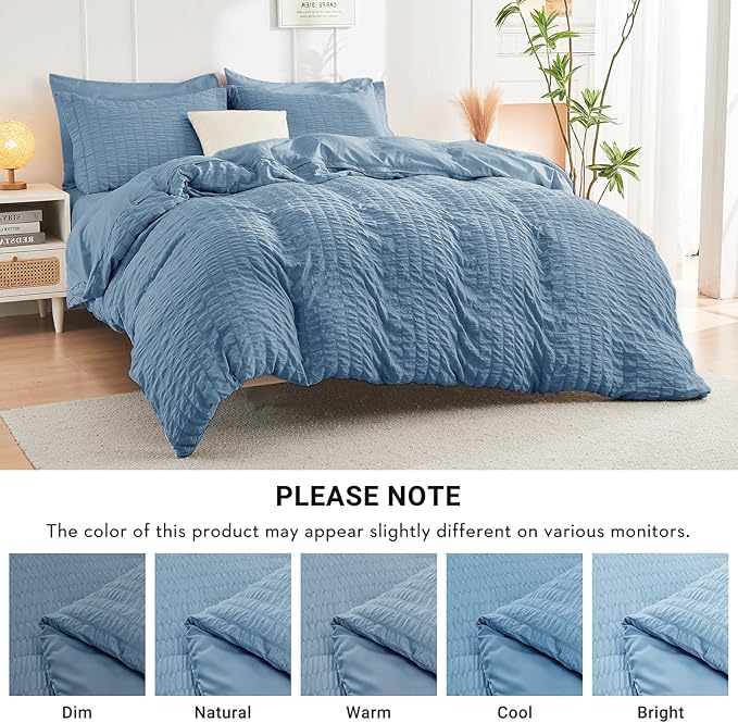 HYMOKEGE Mineral Blue Full Size Comforter Sets Seersucker 7 Pieces, All Season Luxury Bed in a Bag for Bedroom, Bedding Set with Comforter, Sheets, Pillowcases & Shams