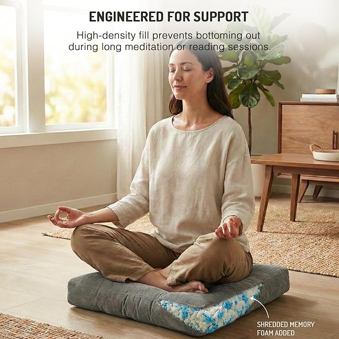 Degrees of Comfort Meditation Floor Pillow, Square Large Pillows Seating for Adults, Gray Tufted Corduroy Cushions for Outdoor Yoga Tatami Fireplace Living Room, Grey, 22x22 Inch