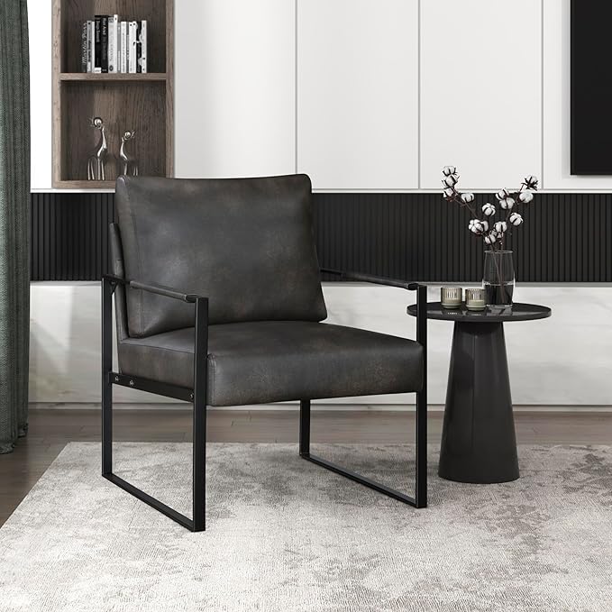 Lexicon Modern Accent Chair, Faux Leather Upholstered Living Room Chair With Wrapped Armrests,Arm Chair With Black Metal Frame,Comfy Single Chair For Living Room/Bedroom/Reading Room/Office,Dark Brown