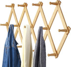 Dseap Accordian Wall Hanger: 16” High Wooden Wall Expandable Coat Rack, Hat Rack Holder, Accordion Hook for Baseball Caps, Coats, Mugs, 13 Peg Hooks, Natural