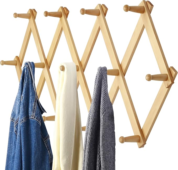 Dseap Accordian Wall Hanger: 16” High Wooden Wall Expandable Coat Rack, Hat Rack Holder, Accordion Hook for Baseball Caps, Coats, Mugs, 13 Peg Hooks, Natural