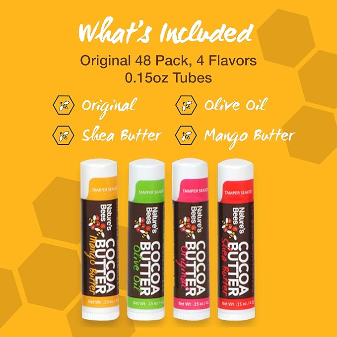 Nature's Bees, Cocoa Butter Flavored Lip Balm Tubes Set Bulk Assortment Chap Treatment Moisturizer For Dry Lips, Original Variety Assortment (Shea Butter, Original, Olive Oil, Mango Butter) - 48 Pack
