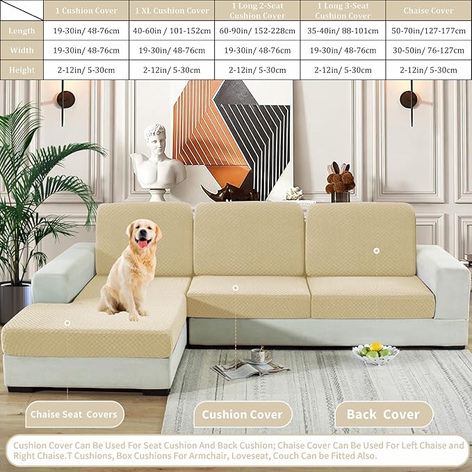 YEMYHOM Stretch Individual Cushion Covers Sofa Chair Seat Cushion Slipcovers Soft Couch Cover Replacement Large Checkered Furniture Protector with Elastic Bottom (1 Pc Cushion Cover, Light Beige)