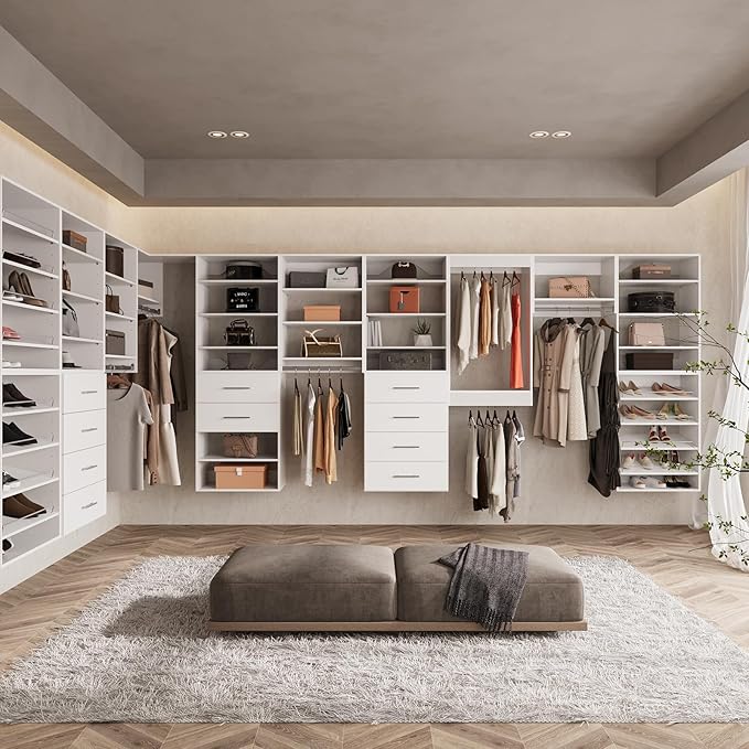 ROOMTEC Modular Closet System, 55" Wall Mounted Closet Organizer with Hanging Rods and Drawers, Wooden Tower for Walk-In Closets, Wardrobe Storage Kit, White