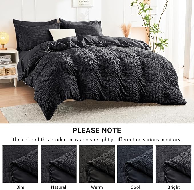 HYMOKEGE Black Queen Comforter Set Seersucker 7 Pieces, All Season Luxury Bed in a Bag for Bedroom, Bedding Set with Comforters, Sheets, Pillowcases & Shams