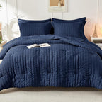 HYMOKEGE Navy Blue Oversized King Comforter Set Seersucker 7 Pieces, All Season Luxury Bed in a Bag for Bedroom, Bedding Set with Comforter, Sheets, Pillowcases & Shams