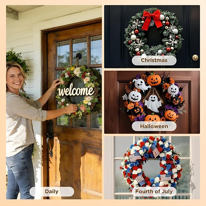 OUTXE Adhesive Wreath Hanger, Heavy Duty Reef Hook | for Front Door Glass Window | for Christmas/Thanksgiving/Halloween/July 4th/Easter/Valentine/Fall/Summer/Spring (Black, 2-Pack)