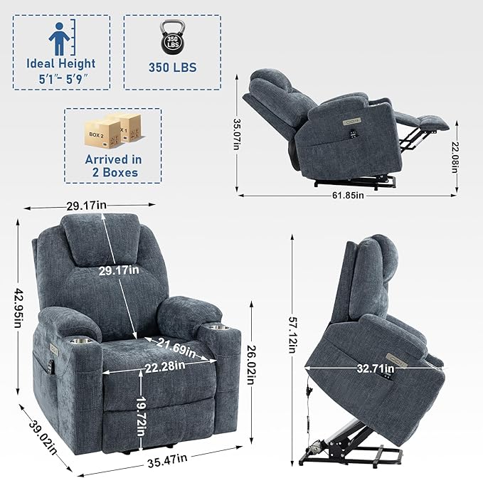 Electric Lift Recliner Chair, Overstuffed Zero-Gravity Recliner with Assisted Standing, Extra Wide Sofa with 8-Point Vibration Massage & Lumbar Heating, Medium-Soft, Blue