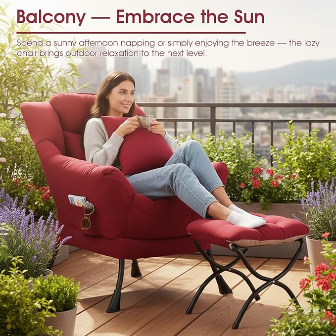 Lazy Chair with Ottoman, Large Lounge Accent Chair with Ottoman and a Throw Pillow, Burgundy Reading Chair for Living Room Bedroom Dorm Room Office Apartment Relaxing Use