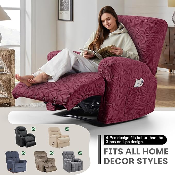 VANSOFY Oversized Recliner Chair Covers, 4-Pieces Stretch Recliner Cover Jacquard Soft Reclining Chair Slipcover Furniture Protector with Elastic Bottom for Lazy Boy Recliner(Wine)