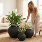 DTY Signature Mount Sherman 19.7''D x 21.7''H Modern Indoor Outdoor Fiberstone Sphere Planter, Durable Round Garden Pot, Weather Resistant, Drainage Hole & Rubber Plug (Ribbed Black, Large)