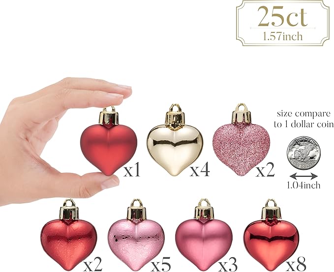 Valery Madelyn 25Pcs Valentine's Day Heart Shaped Ornaments Gift Pack, Christmas Craft Heart Decorations, Red Pink Gold Christmas Baubles Hanging Party Wedding Decor