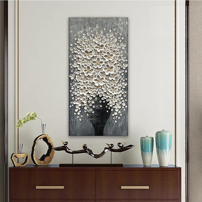 Epicler 20x40 Hand-Painted Painting for Wall Decoration, White Bouquet in vase, Home Wall Decoration.