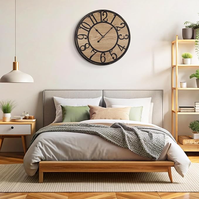 Maxstar Large Wall Clock Silent Bronze Rustic Farmhouse Metal & Wood with Arabic Numeral, Battery Operated Wall Clocks Decorative for Living Room Bedroom Office Home Decor 20inch
