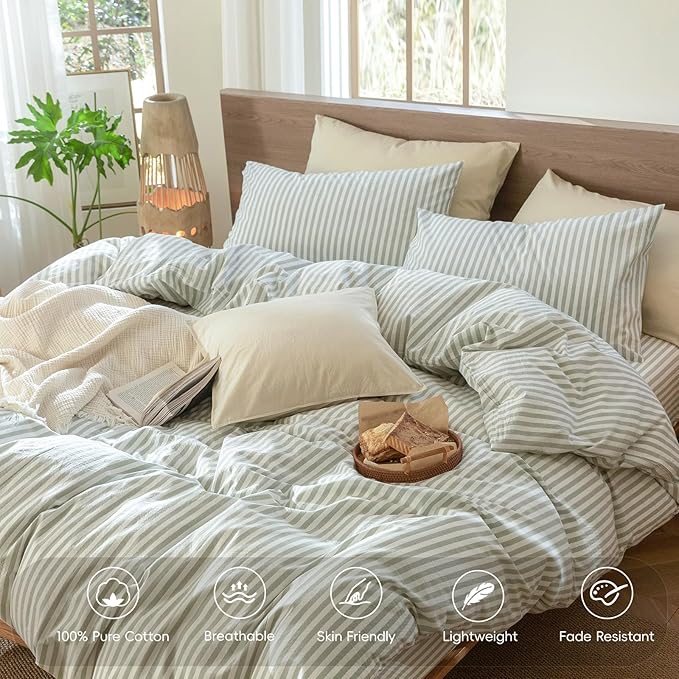 MooMee Striped Duvet Cover Set 100% Washed Cotton Linen Like Textured Breathable Durable Soft Comfy (Sage Green White Classic Stripes, Alaska King 132"x120")