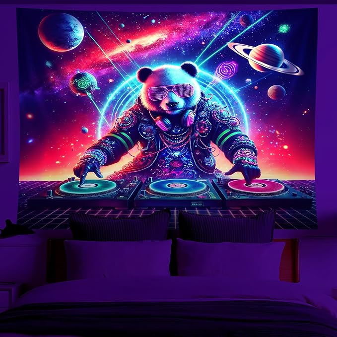 NYZE Blacklight Tapestry Panda Music Wall Tapestry Art Party Banner Colourful Poster Design Tapestries for Hip Hop College Dorm Room Bedroom Wall Decor 59in×51in