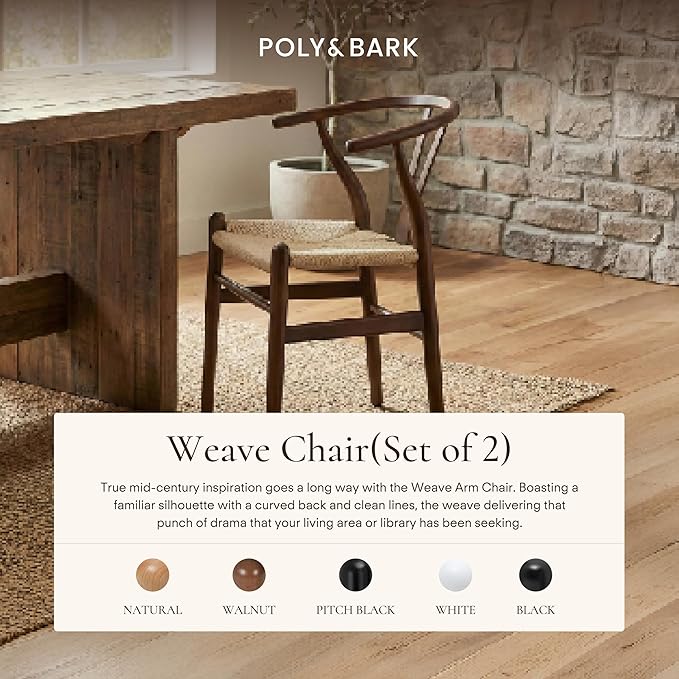 Poly & BARK Weave Dining Chairs – Mid-Century Modern Wishbone Dining Chairs with Arms, Solid Wood Frame, Indoor Use – Walnut– Set of 2 - Ideal for Dining Room, Kitchen or Stylish Accent Setting